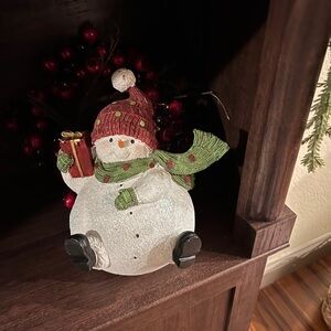 Festive Snowman Figurine with Green Scarf and Red Hat